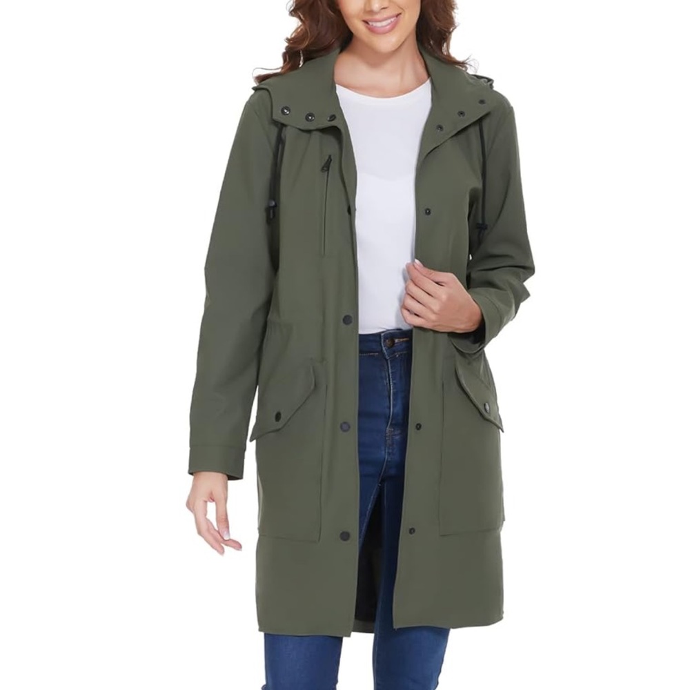 Fahsyee Raincoat Waterproof Hooded Rain Jacket in Army Green - M